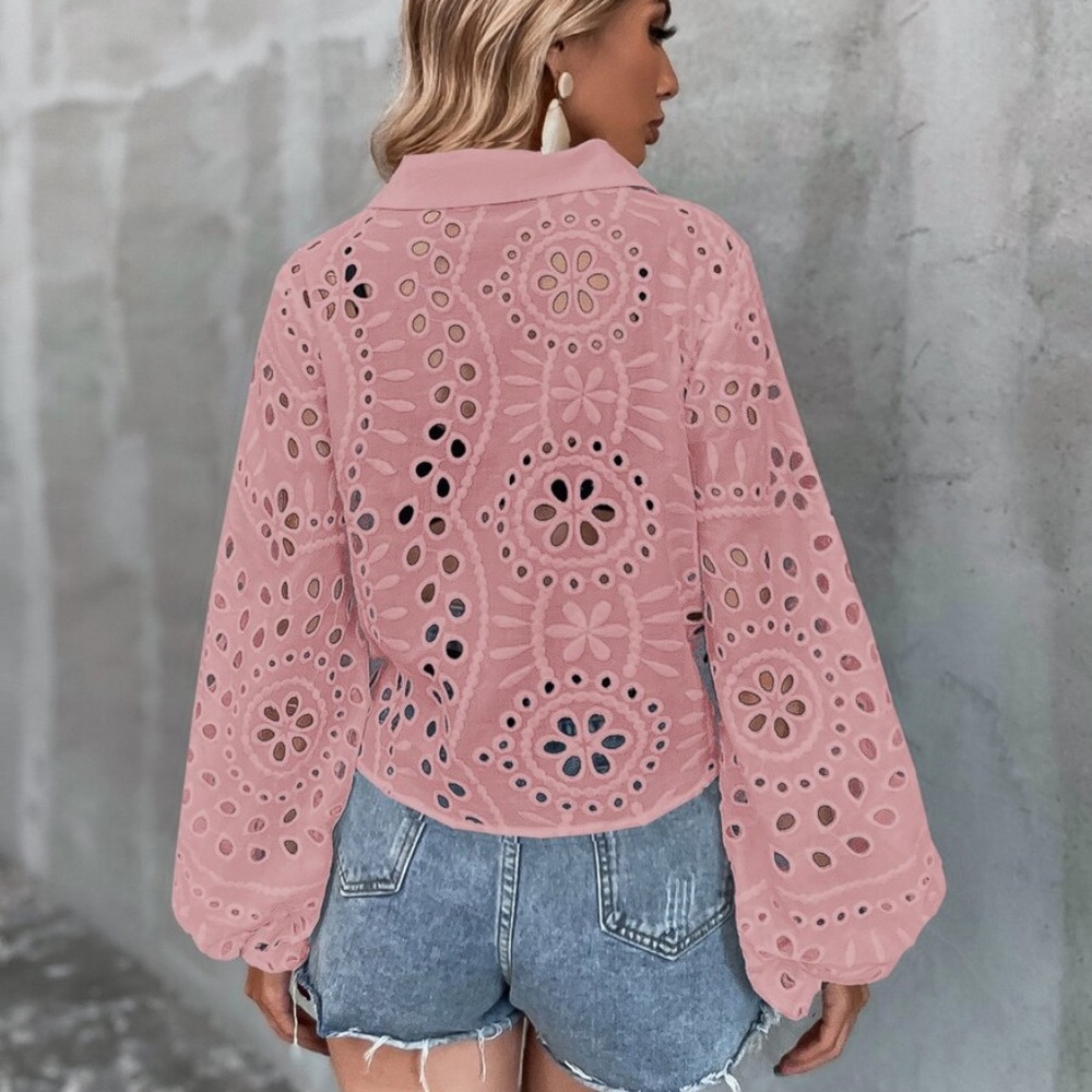 Boho White Eyelet Floral Gypsy Button up top - Picture 7 of 7